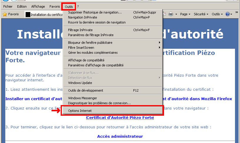 Sélectionnez Options Internet dans le menu Outils d'Internet Explorer