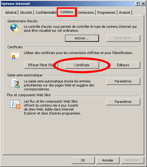 Cliquez sur le bouton Certificats dans l'onglet Contenu