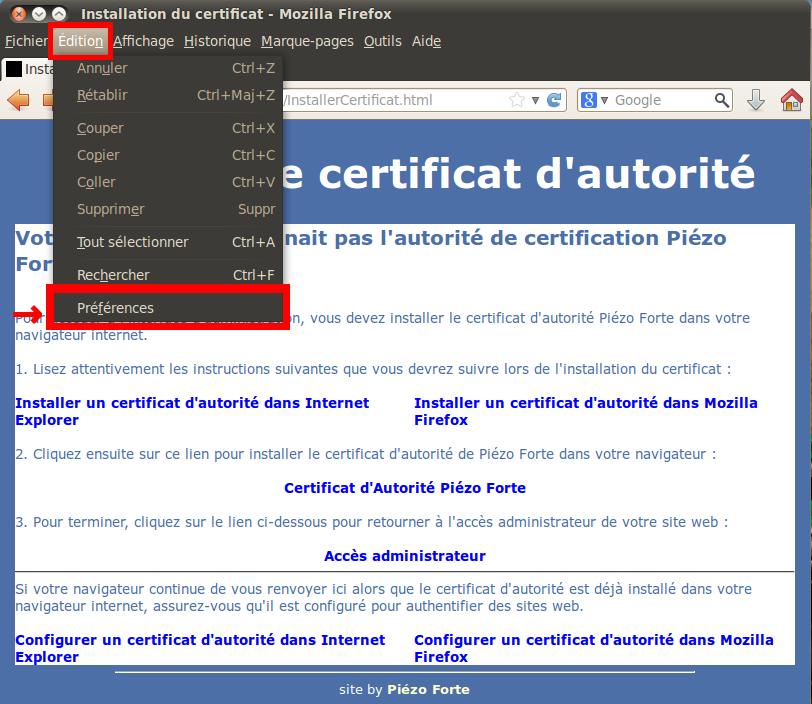 Sélectionnez Préférences dans le menu Edition de Mozilla Firefox