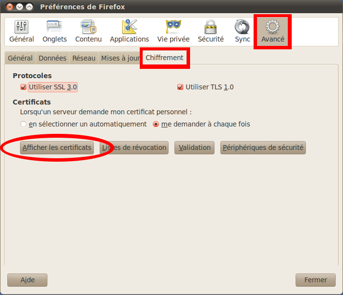 Le bouton Afficher les Certificats dans l'onglet Chiffrement de Mozilla Firefox