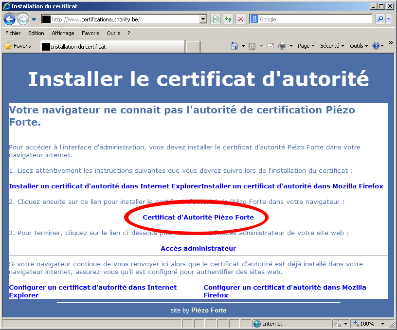 Cliquez sur le lien Certificat d'Autorité Piézo Forte