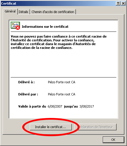 Cliquez sur le bouton Installer le certificat...