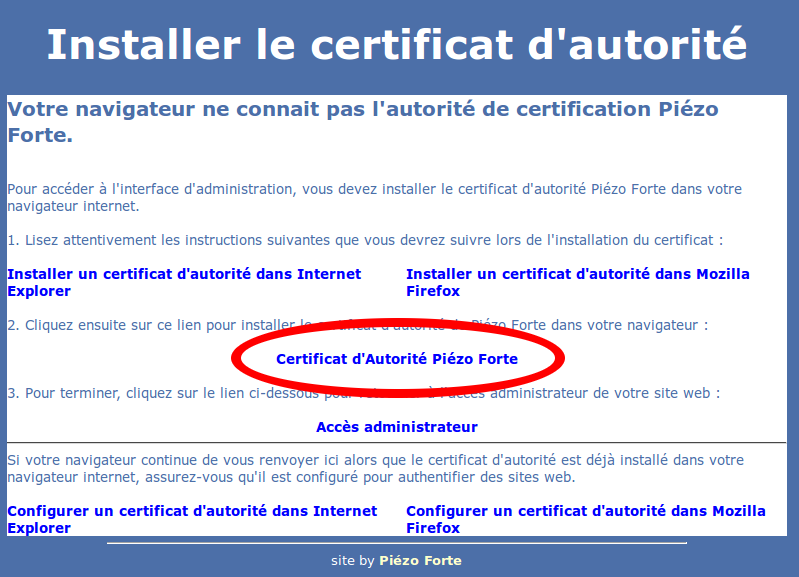 Cliquez sur le lien Certificat d'Autorité Piézo Forte