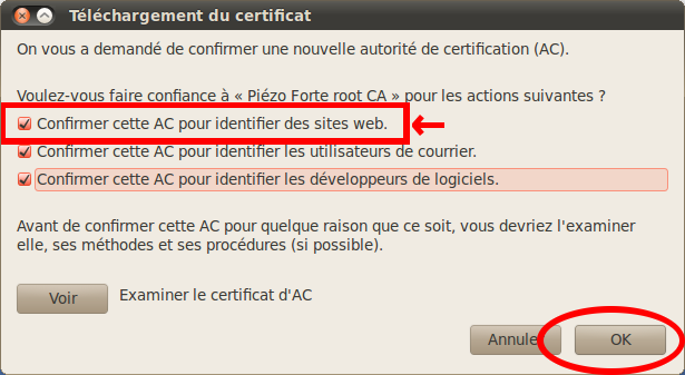 L'option d'identification de sites web doit &ecirce;tre activée dans la fenêtre d'installation du certificat